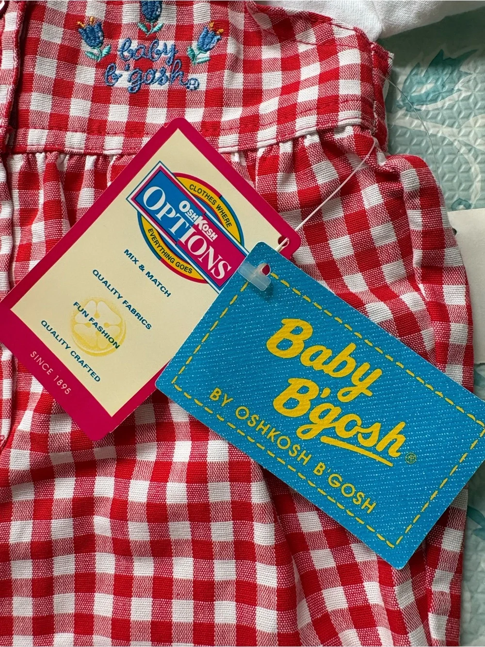 NWT Vintage OshKosh Red Gingham Floral Bubble Romper Set 6-9M